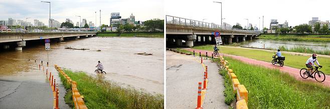 호우경보가 내려진 지난해 7월 8일 대전 유성구 봉명동 갑천대교 인근 물에 잠긴 자전거도로에서 한 시민이 자전거를 타고 지나가는 모습(왼쪽)과 올 7월 20일 오전 같은 장소 모습. 김영태 기자