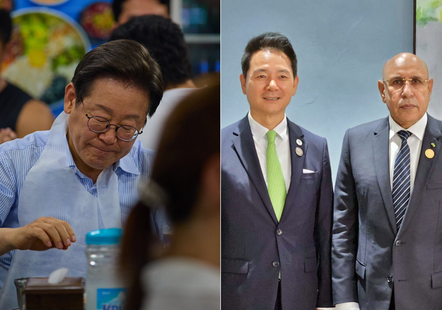 이재명 대통령이 지난 7월11일 저녁 서울 종로구의 한 고깃집에서 직원들과 퇴근길 외식을 할 당시의 모습(왼쪽), 장성민 전 윤석열정부 대통령실 미래전략기획관이 2022년 11월 18~20일 튀니지 제르바 섬에서 개최된 제18차 불어권(프랑코포니)정상회의 참석 당시 모하메드 울드 가주아니 모리타니(아프리카 서북부권 공화국) 대통령과 만났다고 공개한 사진(오른쪽).<이재명 대통령 페이스북·장성민 전 국회의원 페이스북 사진 갈무리>