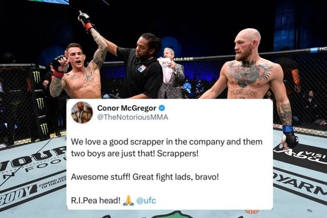 ‘다이아몬드’ 더스틴 포이리에의 ‘라스트 댄스’. 그 순간을 지켜본 ‘옛 라이벌’ 코너 맥그리거는 마지막까지 트래시 토크를 멈추지 않았다. 사진=X