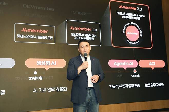 18일 서울 잠실 롯데호텔 월드에서 열린 '롯데 AI 쇼케이스 2025'에서 김경엽 롯데이노베이트 대표이사가 키노트를 진행했다./사진제공=롯데이노베이트