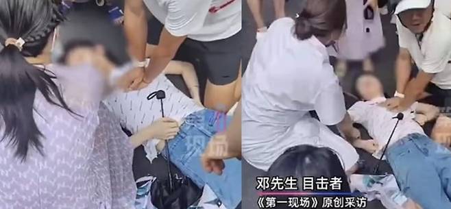 중국에서 한 의과대학 남성 교수가 길거리에서 쓰러진 여성에게 심폐소생술(CPR)을 시행하고 있다./웨이보