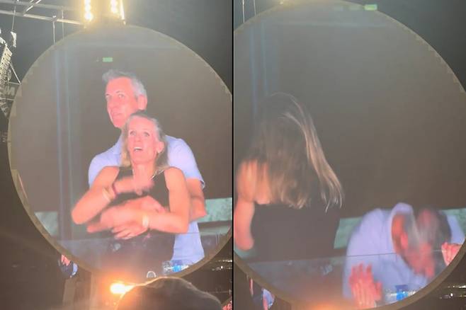 지난 16일(현지시간) 미국에서 진행된 영국 록밴드 콜드플레이 공연 중 불륜 행각이 들통난 미국 IT 기업 아스트로노머의 최고경영자와 인사 책임자. 사진=엑스 캡처