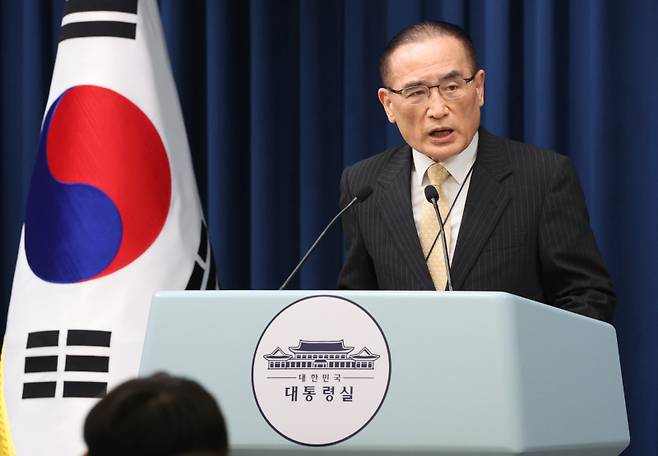 미국에서 귀국한 위성락 국가안보실장이 지난 9일 용산 대통령실에서 방미 결과에 관해 브리핑하고 있다. 연합뉴스