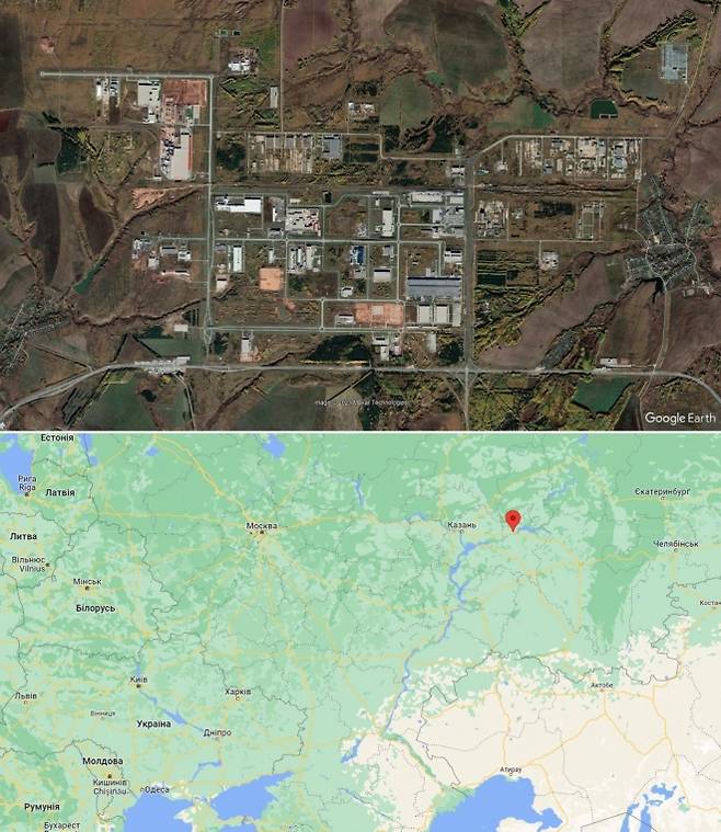 러시아 모스크바에서 동쪽으로 약 800㎞ 떨어진 중부 타타르스탄공화국의 알라부가 경제특구 내 대규모 드론 공장. 구글 지도