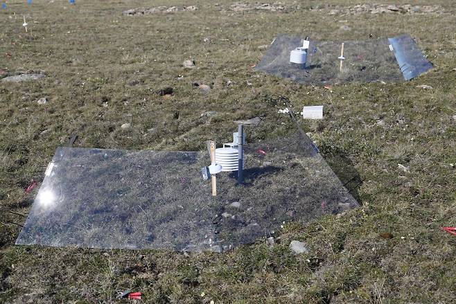 캐나다 북극 툰드라 지역에 설치된 개방형 온도상승챔버(OTC) 실험 장비. 육각형 아크릴 또는 폴리카보네이트 소재로 제작된 OTC는 태양 복사에너지를 포획해 챔버 내부의 기온을 주변보다 평균 1~2도 높이는 방식으로 장기간 온난화 효과를 모사했다. KBSI 제공