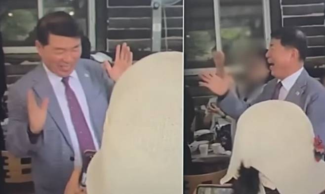 지난 20일 강원 홍천군 야유회에서 노래를 부르고 춤을 추고 있는 백경현 구리시장. 에스비에스(SBS) 뉴스 유튜브 갈무리