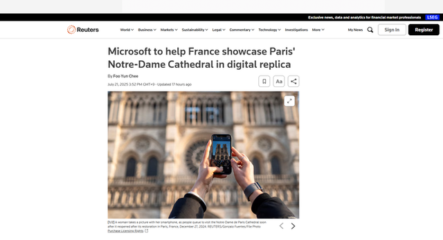 ▲ 21일(현지시간) 로이터 통신에 따르면, 마이크로소프트(MS)는 이날 프랑스 정부와 협력해 파리 노트르담 대성당의 ‘디지털 트윈’을 만든다고 밝혔다. 로이터 홈페이지