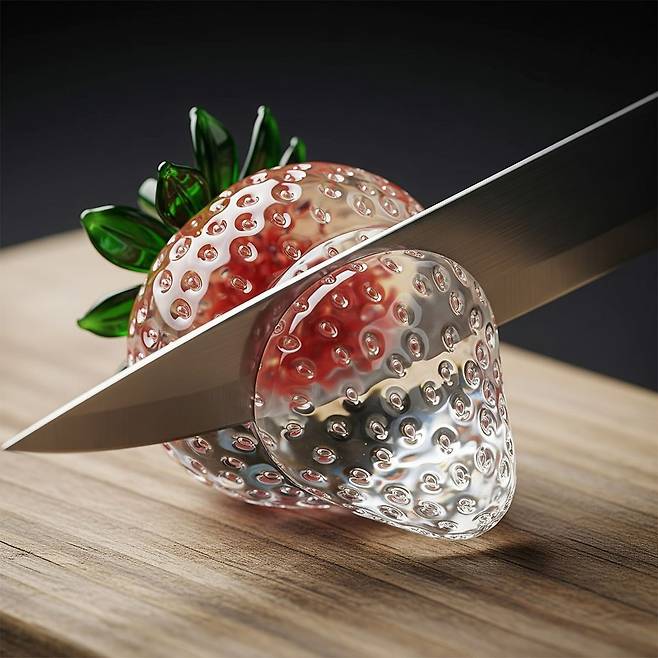 구글 제미나이를 이용해 만든 유리과일 ASMR 예시 이미지. 구글의 최신 AI 영상 생성 모델 'veo 3'에 간단한 텍스트 명령오를 입력하면 유리 과일을 써는 모습에 소리까지 입힌 영상이 순식간에 완성된다.