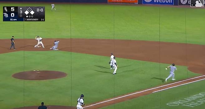 탬파베이 유격수 김하성(왼쪽 두 번째)이 22일 시카고 화이트삭스전 3회초 1사 1, 3루에서 1루수의 송구를 받아 2루 베이스를 밟은 뒤 더블아웃을 위해 1루로 송구하고 있다. MLB TV중계화면 캡쳐.