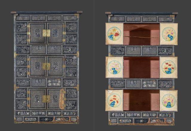 배재학당역사박물관 소장 나전산수무늬삼층장의 정면 모습(왼쪽 사진)과 문을 연 모습. 삼층장의 외부는 다양한 나전 무늬로, 문 내부는 꽃과 돌 그림으로 장식돼 있다. 국가유산청 제공