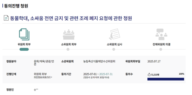 국회 국민동의청원 홈페이지를 보면 지난 1일 올라온 ‘동물학대, 소싸움 전면 금지 및 관련 조례 폐지 요청에 관한 청원’ 게시글에 5만1,510명이 동의했다. 국민동의청원 홈페이지 캡처