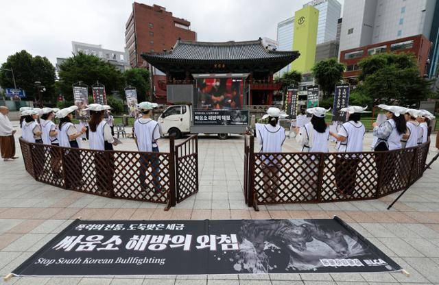 동물해방물결 활동가들이 지난달 26일 서울 종로구 보신각 앞에서 소싸움 폐지 촉구 시민행동 퍼포먼스를 하고 있다. 뉴시스