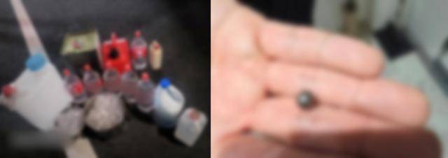 20일 인천에서 사제 총기로 30대 아들을 살해한 혐의를 받는 60대 남성의 서울 주거지에서 발견된 시너가 담긴 통들(왼쪽). 오른쪽은 함께 발견된 산탄의 쇠구슬. 인천 연수경찰서 제공