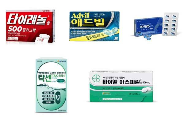 타이레놀은 아세트아미노펜, 타일레놀 제외 나머지 진통제는 모두 비스테로이드성 소염진통제다./사진=한국얀센, 헤일리온코리아, 대웅제약, GC녹십자, 바이엘코리아 제공