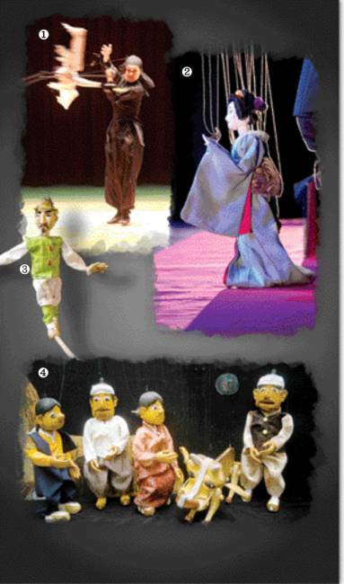 ▲ 1 극단 상사화 ‘퍼펫 환타지’ 2 에도줄인형극단의 공연 모습 3 연희공방 음마깽깽의 ‘박첨지와 옴니버스 인형극’ 4 인형극단 친구들의 ‘황소가 된 돌쇠’