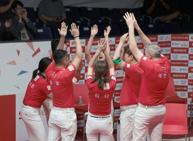 SK렌터카 선수단이 승리 후 환호하고 있다./PBA