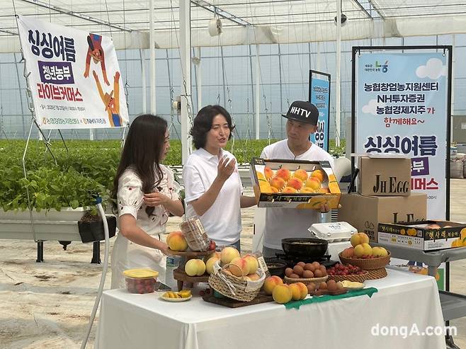 창농지원센터 청년농부사관학교 6기 졸업생 최혜랑 씨(가운데)가 23일 천안 농장에서 진행된 네이버 및 농협몰 라이브 커머스에 참가해 ‘달콩 복숭아’를 소개하고 있다.