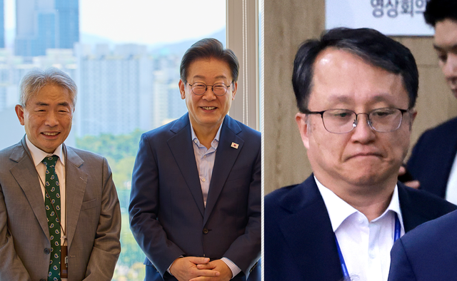 이재명 대통령과 정규재 전 한국경제신문 주필 등이 지난 11일 서울 용산 대통령실 청사에서 오찬회동 기념 촬영을 할 당시의 모습(왼쪽), 사퇴하기 전의 강준욱 대통령실 국민통합비서관이 지난 17일 국무회의에 참석할 당시의 모습(오른쪽).<연합뉴스 사진 갈무리>