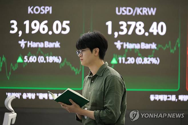 코스피 '한미 무역협상 관망' 강보합 마감…코스닥 하락 (서울=연합뉴스) 최재구 기자 = 25일 서울 중구 하나은행 본점에서 직원들이 증시와 환율을 모니터하고 있다. 이날 코스피 지수는 전장보다 5.60포인트(0.18%) 오른 3,196.05에 거래를 마쳤다. 한때 3,205.82까지 올랐으나 더 이상 탄력을 받지 못하고 상승세가 둔화했다. 코스닥 지수는 2.94포인트(0.36%) 내린 806.95로 마감했다. 2025.7.25 jjaeck9@yna.co.kr