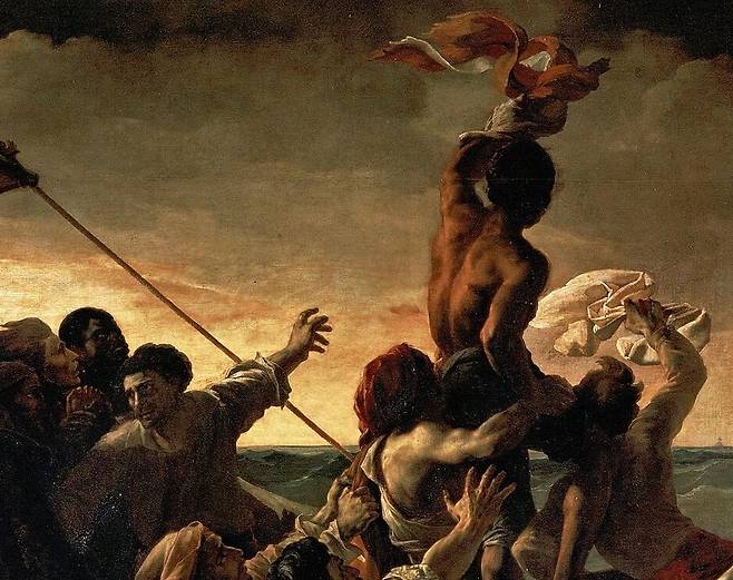 '메두사 호의 뗏목' 일부. 저 멀리 지나가는 구조선을 보고 필사적으로 천을 흔들고 있는 모습이다.