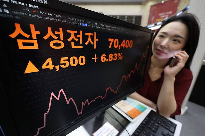 삼성전자가 23조원에 달하는 반도체 위탁생산 계약 소식에 11개월 만에 7만원선을 돌파한 28일 서울 여의도 한국거래소 서울사무소에 삼성전자 주가가 표시돼 있다. 이날 한국거래소에 따르면 삼성전자는 이날 4500원(6.83%) 뛴 7만400원에 거래를 마쳤다. 종가 기준 삼성전자의 주가가 7만원대를 기록한 것은 지난해 9월 4일(7만원) 이후 약 11개월 만이다. 뉴시스