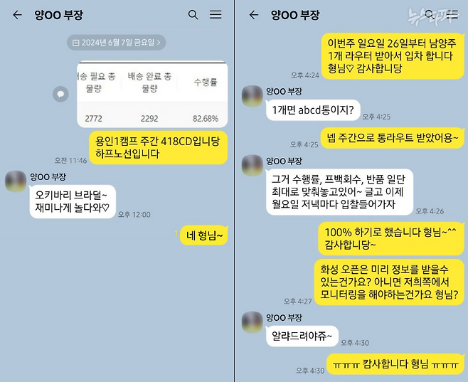 쿠팡의 하청 배송대리점 '한길로지스틱스'의 대표 황 모 씨와 쿠팡 홍보팀 양 모 부장이 나눈 카카오톡 대화. 왼쪽 대화를 보면, 황 씨가 양 부장에게 입찰 배송구역을 알려주고 있다. 오른쪽 대화에서 황 씨는 배송구역 수주와 관련해 양 부장에게 '감사하다'고 말했다. 또, 양 부장은 경기도 화성 배송구역 관련 정보를 미리 알려주겠다고도 했다.