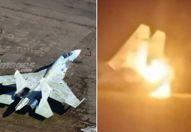 지난 25일 밤에서 16일 새벽 사이 크라스노다르 지방의 러시아 공군기지에서 화재가 발생해 Su(수호이)-27UB 항공기가 파괴됐다(오른쪽)