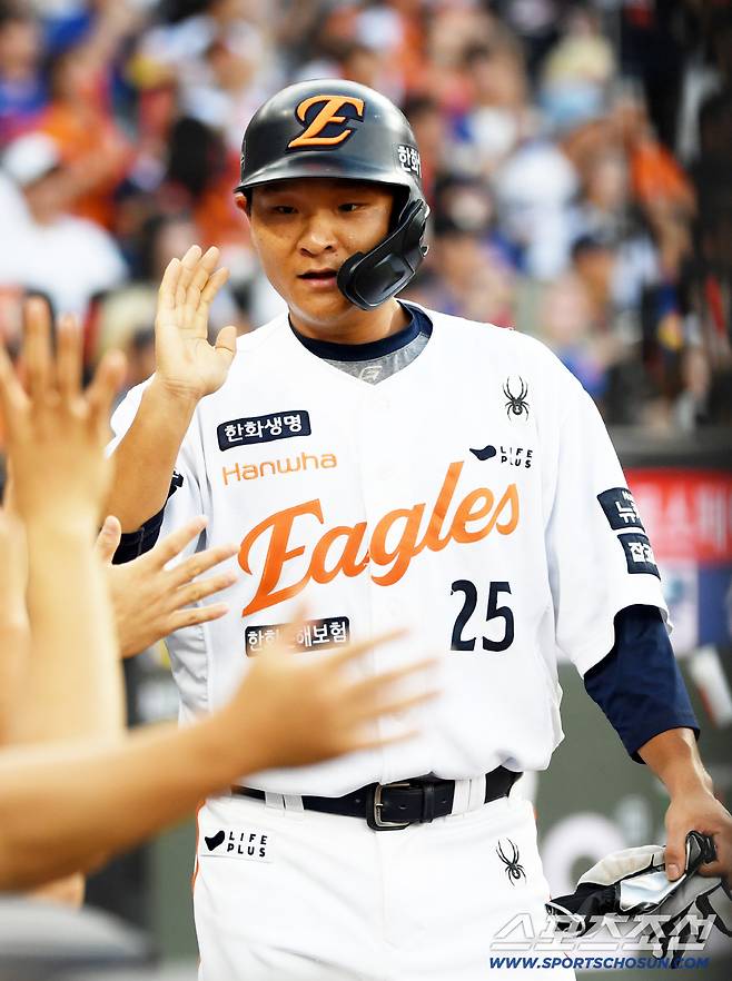 31일 대전 한화생명볼파크에서 열린 한화 이글스와 삼성 라이온즈의 경기. 한화 김태연이 선취점을 올리고 있다. 대전=박재만 기자 pjm@sportschosun.com/2025.07.31/