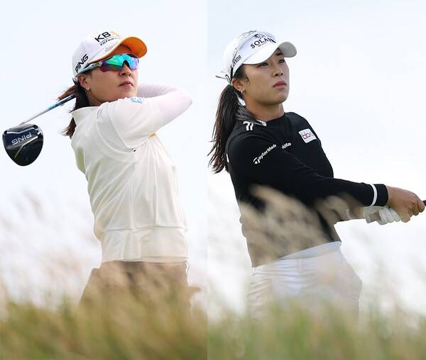 전인지, 고진영, 김효주, 최혜진, 유해란, 김세영, 윤이나, 방신실, 이소미, 임진희 프로, 이민지, 리디아 고, 넬리 코다, 이민지 등이 출전한 2025년 미국여자프로골프(LPGA) 투어 메이저 골프대회 AIG여자오픈. 전인지(사진제공=Oisin Keniry/R&A/R&A via Getty Images), 윤이나(사진제공=Richard Heathcote/R&A/R&A via Getty Images) 프로가 1라운드에서 경기하는 모습이다.