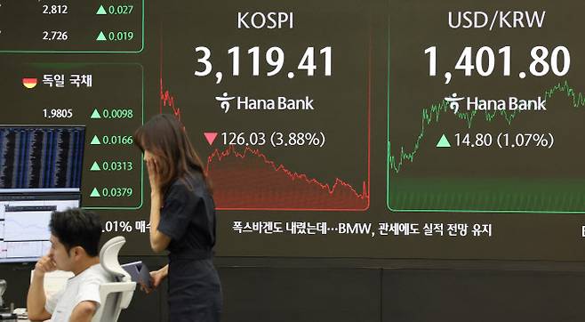 1일 서울 중구 하나은행 본점 딜링룸에서 직원들이 업무를 보고 있다. 이날 코스피는 전장보다 126.03포인트(3.88%) 내린 3,119.41에 장을 마쳤다.(사진=연합뉴스)