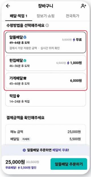7월 30일 기자가 배달의민족 애플리케이션(앱)에서 ‘알뜰배달’ ‘한집배달’ ‘가게배달’을 선택하니 각각 배송료가 0원, 1000원, 6000원이 붙었다. 민생회복 소비쿠폰은 가게배달에서만 사용할 수 있다. 배달의민족 앱 캡처