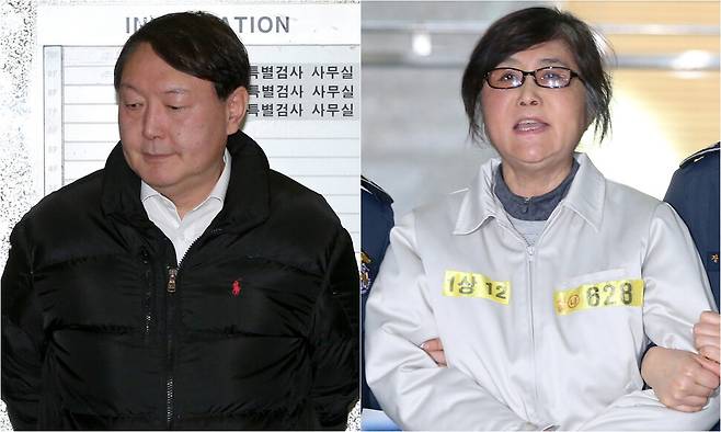지난 2017년 1월25일 당시 ‘박근혜·최순실 국정농단 특검’ 수사팀장이던 윤석열 전 대통령이 서울 대치동 특검 사무실에 출근하고 있다.(왼쪽 사진) 특검의 소환에 불응하다 이날 오전 체포영장 집행으로 강제소환된 최순실씨가 특검에 들어서며 취재진을 향해 “여기는 더 이상 민주주의 특검이 아닙니다”라며 고함을 치고 있다. 김정효 기자 hyopd@hani.co.kr
