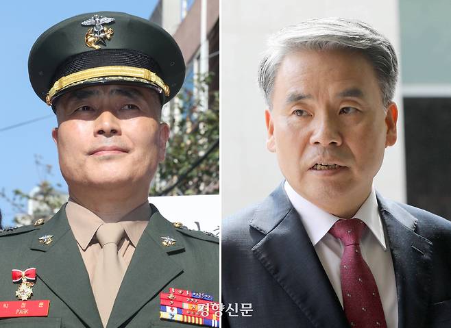 박정훈 전 해병대 수사단장(대령)과 이종섭 전 국방부 장관. 성동훈·김창길 기자