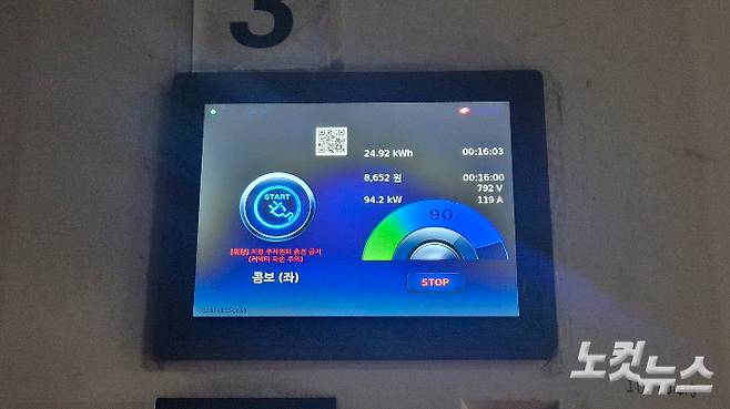 버스에 전기를 충전하는 모습. 배터리가 10% 아래로 떨어지면 버스는 멈춘다. 남은 배터리가 적을수록 충전시간은 훨씬 늘어난다고 운전원들은 말한다. 약 70% 정도 남았을 경우 완충까지 3~40분 가량 소요되지만 40%에서 충전을 시작하면 1시간 이상 걸린다. 한아름 기자