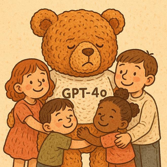 챗지피티에 ‘사용자들이 ‘GPT-4o’라고 적힌 옷을 입은 곰인형을 껴안는 모습을 생성해 달라’는 명령어를 넣어 만든 이미지