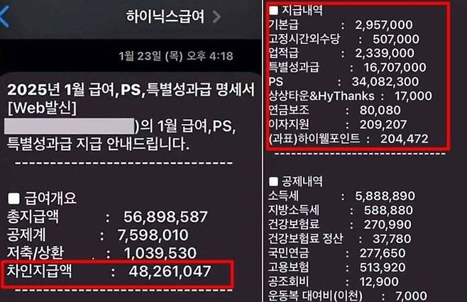 2025년 1월SK하이닉스 직원의 급여명세서로 추정되는 이미지ⓒ보배드림 캡처