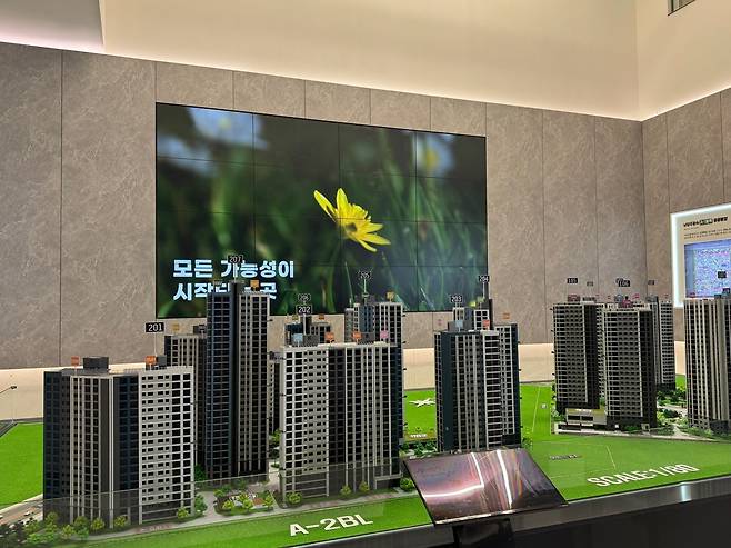 경기도 남양주시 별내동에 위치한 남양주왕숙 A-1, A-2블록 주택전시관 1층에 마련된 단지 모형도. 신혜원 기자