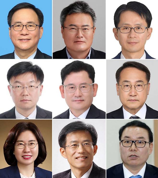 이재명 대통령은 13일 강유정 대통령실 대변인 브리핑을 통해 차관급 추가 인선을 발표했다. 첫째 줄 왼쪽부터 김영수 문화체육관광부 1차관, 김대현 문화체육관광부 2차관, 백승보 조달청장. 둘째 줄 왼쪽부터 안형준 통계청장, 이승돈 농촌진흥청장, 김인호 산림청장. 셋째 줄 왼쪽부터 이미선 기상청장, 방용승 민주평화통일자문회의 사무처장, 정한중 소청심사위원회 위원장. 대통령실 제공