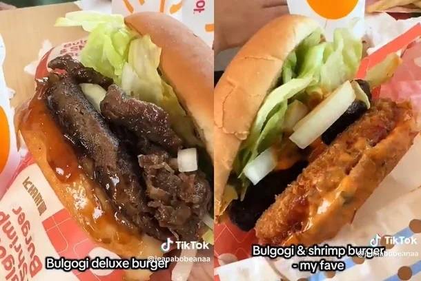 미국 롯데리아 1호점에서 판매하는 불고기 디럭스 버거와 불새버거. 틱톡 캡처