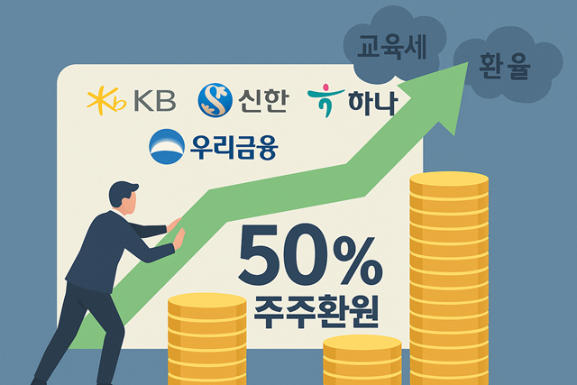 이재명 정부의 자본시장 활성화 정책과 더불어 주주환원에 대한 관심이 높아지는 가운데 금융지주들이 '총주주환원율 50%'를 새로운 기준으로 내세우고 있다. /챗GPT 생성이미지
