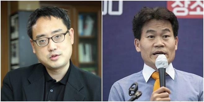 변희재 미디어워치 대표(왼쪽)와 한국사 강사 전한길씨. 한겨레 자료 사진·연합뉴스