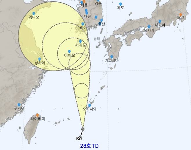19일 오전 4시30분 기준 제28호 열대저압부 예상 경로./사진=기상청