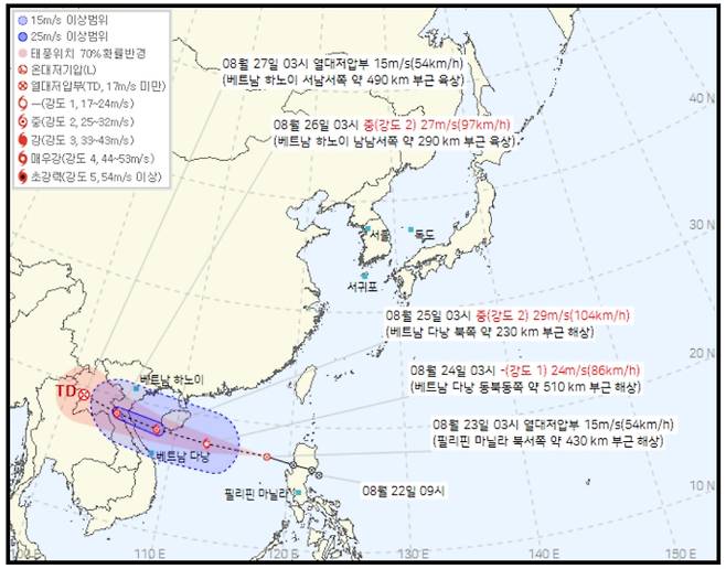 ⓒ기상청: 2025년 태풍 13호 가지키(30호 열대저압부)의 현재위치와 예상경로
