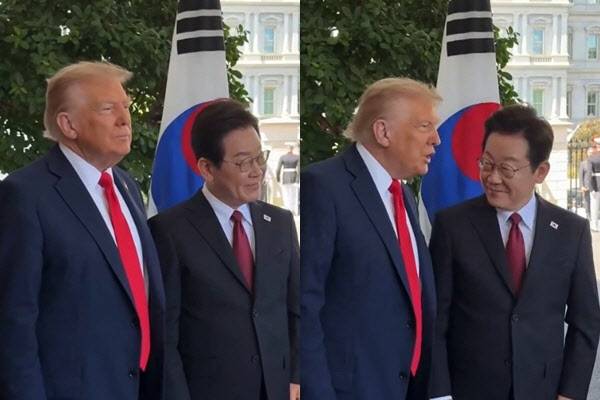 이재명 대통령에 고함을 치는 사람들을 보고 "우리는 저런 사람들을 가짜뉴스라고 부른다(We call them the fake news)고 속삭이는 트럼프 미 대통령. (사진=WION 페이스북 영상 갈무리.)