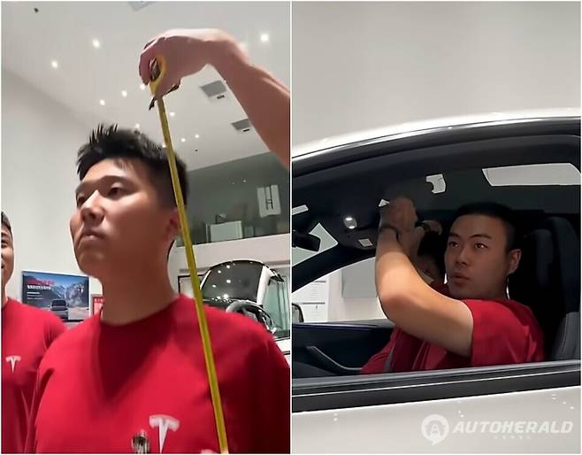 중국 테슬라 고위 임원이 공개한 영상. 키(180cm 이상)을 측정을 통과한 성인 남성 6명이 모델 Y L에 탑승해 공간에 여유가 있다는 설명을 하고 있다. (영상 캡처)