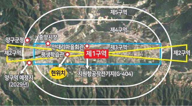 ▲ 양구읍 시내 전역이 군 비행안전구역으로 묶여 고도제한과 건축규제를 받고 있다. 안대리 비행장을 중심으로 22㎢에 달하는 전시 기준 구역(흰색 원)이 설정돼 있으며, 평시 기준(청색 박스)으로 전환할 경우 1.05㎢로 축소된다.