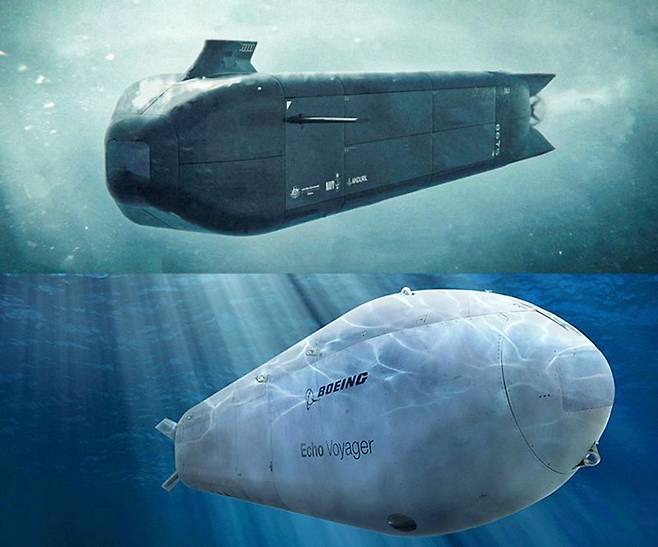 안두릴 인더스트리즈에서 개발한 호주 해군의 차세대 대형 UUV XL-AUV 고스트 샤크(Ghost Shark·위쪽), 미국 보잉이 개발 중인 초대형 무인 잠수정(XLUUV) 오르카(Orca·아래)는 폴란드어로 '범고래'를 의미한다. 장기간 수중 임무를 수행하며, 해저 1만1000피트까지 잠항과 최대 6500해리까지 작전이 가능하다. 호주정부·보잉