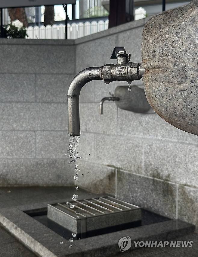 샘터에 흐르는 암반수 (강릉=연합뉴스) 강태현 기자 = 지난 30일 강원 강릉시 대관령샘터 식수 밸브에 물이 흐르고 있다. 롯데칠성음료에서 운영하는 대관령샘터는 대관령 지하 암반수를 취수해 수처리 과정을 거쳐 시민에게 식수를 제공하고 있다.
농촌용수종합정보시스템에 따르면 가뭄으로 강릉지역 87%의 생활용수를 공급하는 상수원 오봉저수지의 저수율이 지난 30일 기준 15.3%(평년 72%)로 뚝 떨어져 역대 최저치를 기록했다. 2025.8.31 taetae@yna.co.kr