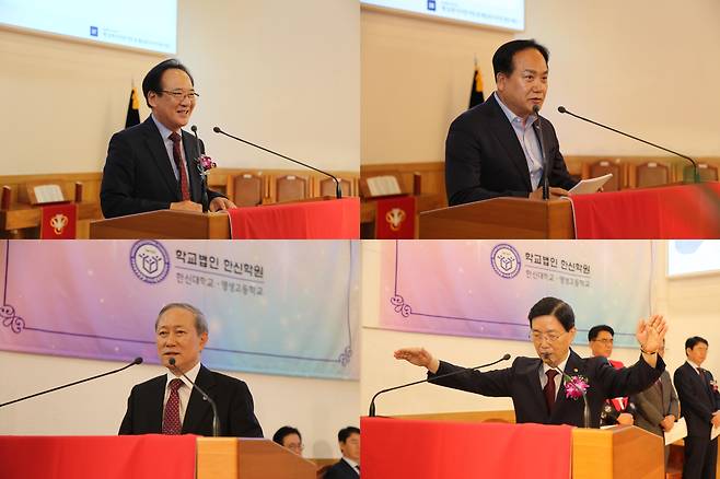 ▲(위 왼쪽) 축사를 전하는 강연홍 증경총회장 (오른쪽) 이권재 오산시장. (아래 왼쪽) 기장 총회 이훈삼 총무 (오른쪽) 축도하는 이건희 증경총회장