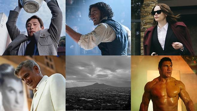 영화 '어쩔수가없다'·'프랑켄슈타인'·'부고니아'·'더 스매싱 머신', '구름 아래', '제이 켈리' 스틸컷(시계 방향)